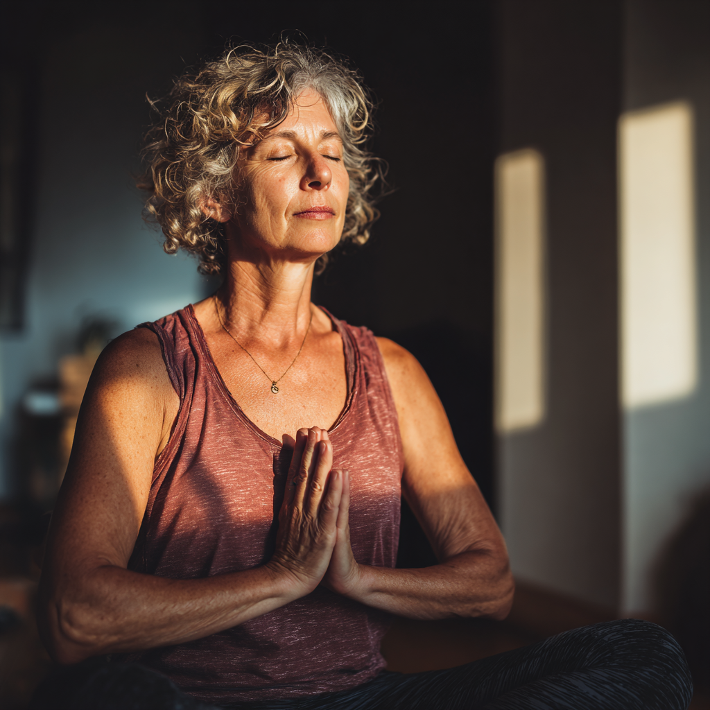 Middle-aged woman practicing gentle yoga flow in natural light setting