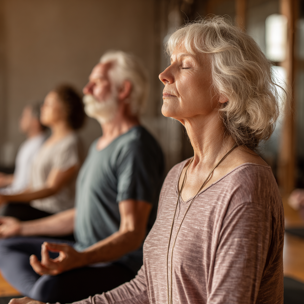 Older adults in peaceful meditation posture during restorative yoga class